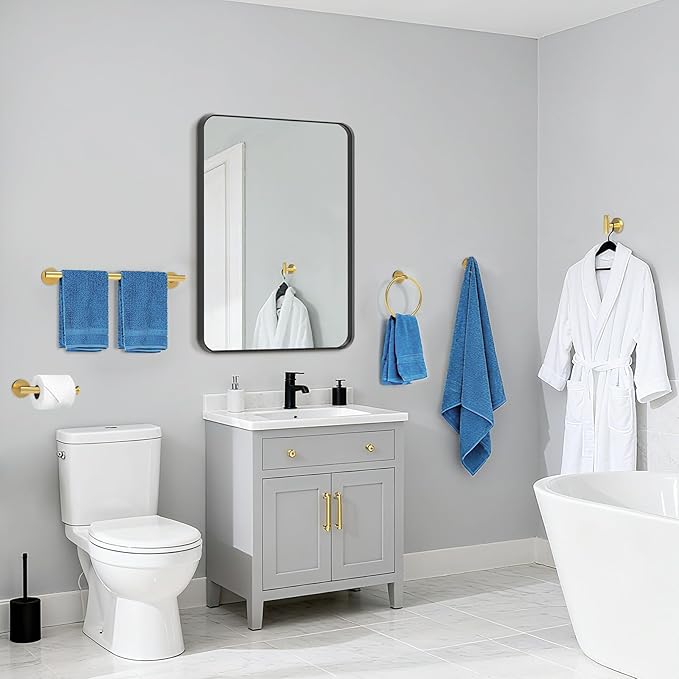 Brushed Gold Bathroom Accessories, Bathroom Hardware Set, SUS304 Stainless Steel Bathroom Towel Holder Set, 24 Inch Towel Bar Set 5 Pcs, 2 Towel Hooks, Toilet Paper Holder, Towel Ring