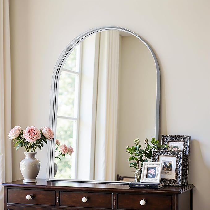 Arched Mirror 26"x38", Bathroom Mirror, Wall Mounted Vanity Mirror with Arch Metal Frame for Bathroom, Over Sink, Bedroom, Living Room, Deep Frame, Silver