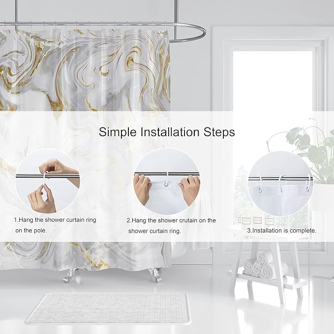 Domoku Grey Gold Marble Shower Curtain,Abstract Modern for Bathroom Decor,Waterproof Texture Washable Fabric,36 X 72