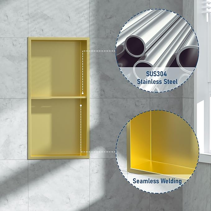 Neodrain Shower Niche Double Shelf Stainless Steel No Tile Needed Bathroom Niches Recessed in Wall, 2-Tier Recessed Wall Niche Waterproof Cubby(12X24Inch Golden)