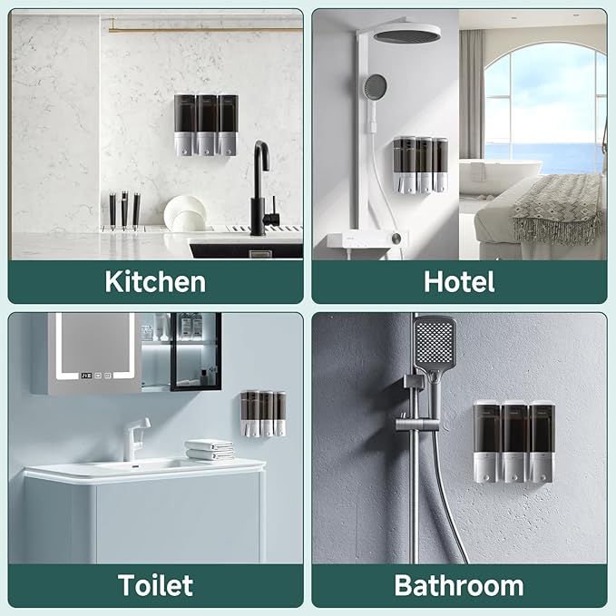 Shampoo and Conditioner Dispenser Wall Mounted No Drill, Shower Soap Dispenser 3 Chamber Shampoo Conditioner Body Wash Refillable 3 * 17oz Shower Soap Dispenser for Bathroom Hotel, Silver+Smoke Gray