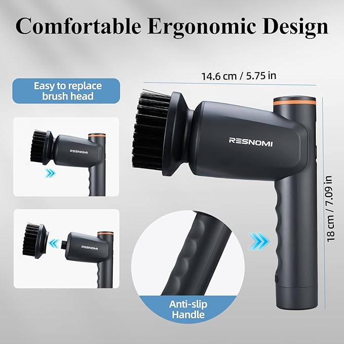 Electric Spin Scrubber, Bathroom Shower Scrubber with LCD Display, 2 Speeds Electric Scrubber for Cleaning with 6 Replaceable Heads, 4-Hour Runtime, Cleaning Brush for Kitchen/Car, Gray-Black