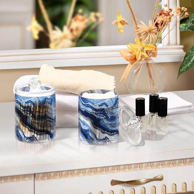 MNSRUU 2 Pack Qtip Holder Organizer Dispenser Blue Marbling Bathroom Storage Canister Cotton Ball Holder Bathroom Containers for Cotton Swabs/Pads/Floss