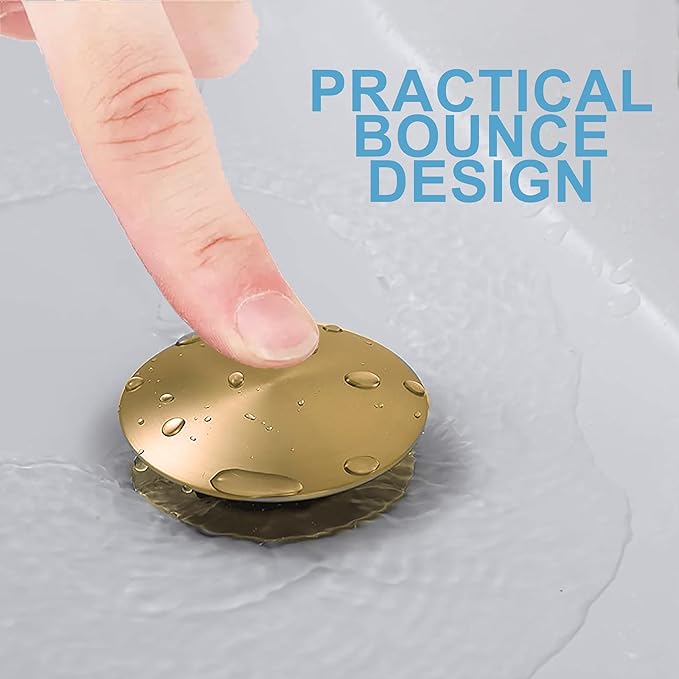 Bathroom Sink Drain, 2 Pack Gold Drain Stopper Bathroom Sink with Overflow, Pop Up Drain Assembly with Detachable Strainer Basket, Built-in Anti-Clogging Strainer,Stainless Steel