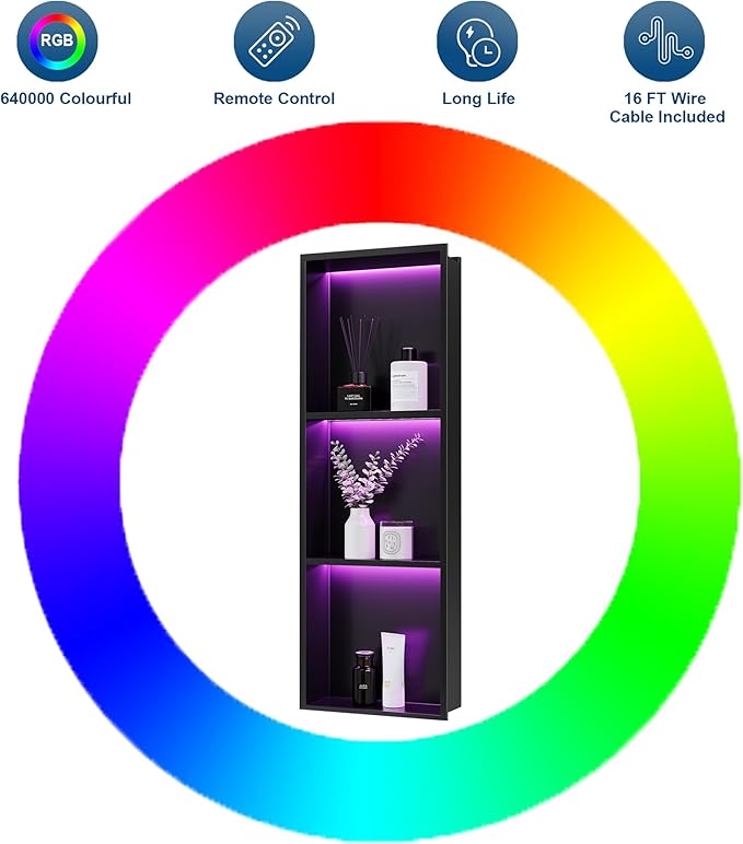3-Tiers 12x36Inch Wall Niche with RGB LED Light Strips, Matte Black Shower Niche Shelf Cabinet, Stainless Steel Bathroom Shelf, NO Tile Needed Recessed Waterproof Storage Organizer