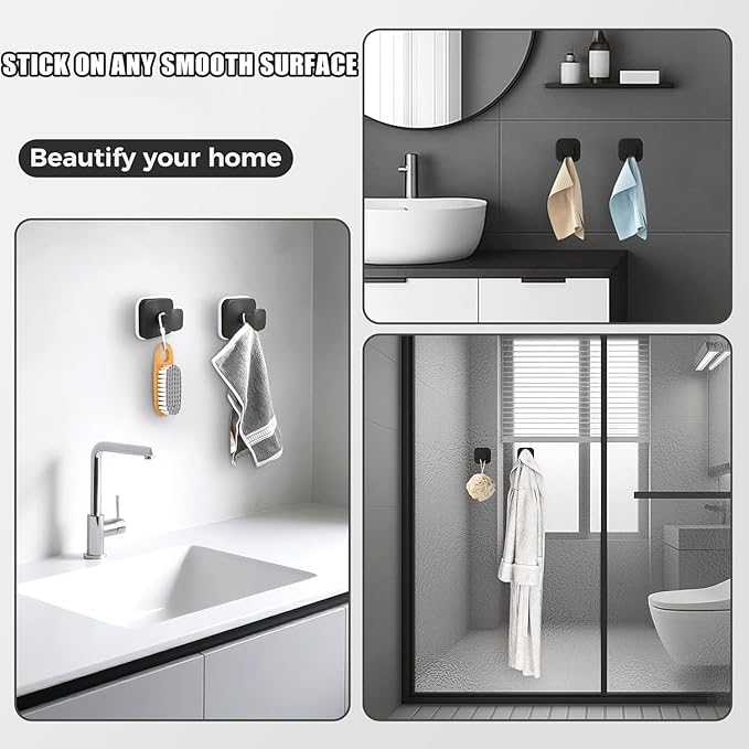 4Pcs Square Suction Cup Hook, 304 Stainless Steel Shower Hook, Removable Suction Cup Knob for Shower, Bathroom, Kitchen, Glass Door, Mirror (Black)