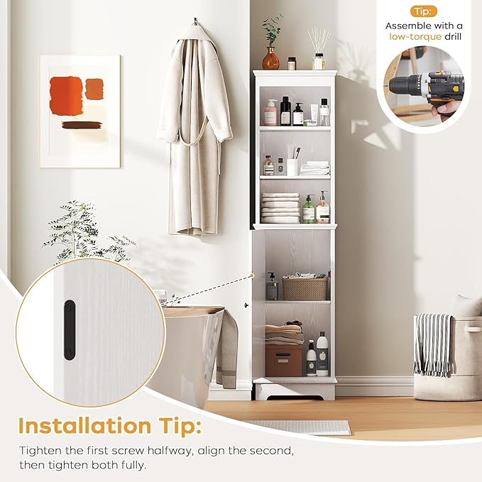 Narrow Bathroom Storage Cabinet with Door and Open Adjustable Shelves, 60.9" H Wooden Tall Tower Corner Farmhouse Cabinet, Freestanding Organizer for Kitchen, Entryway White