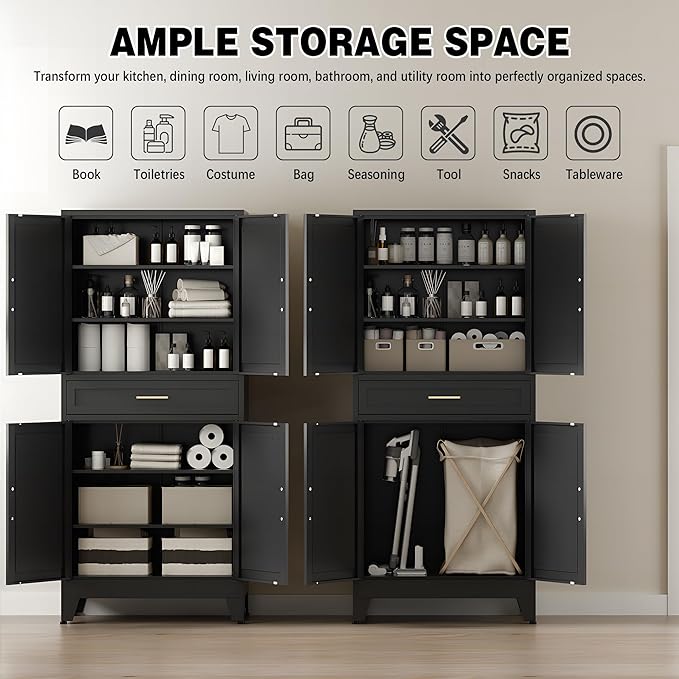 COFaR 71" Tall Metal Storage Cabinet with 4 Doors and 4 Adjustable Shelves, 6-Tier Farmhouse Storage Cabinet with Drawers and Legs, for Office, Home, Garage, Gym, School, Living Room, Hallway(Black)