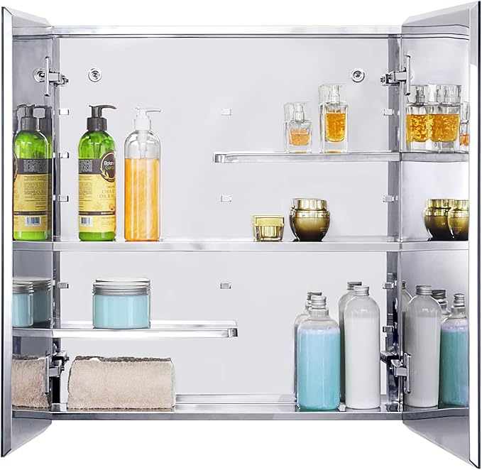 Fundin Stainless Steel Medicine Cabinet, Bathroom Mirror Cabinet, Surface Mount and Recess Mount, 23.6 x 25.6 inch, with Unique Half-Shelves for Greater Storage adjustability