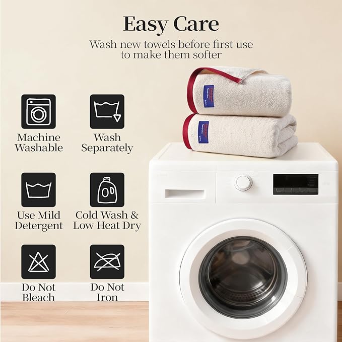 REDKISS 2 Pack 100% Cotton Bath Towels with Luxury Embellished Border Design, Oversized 27 x 54 Inches & 600 GSM Ultra Soft Bath Towel Set, Quick Dry Towels for Bathroom, Gym, Hotel, Beige Brown