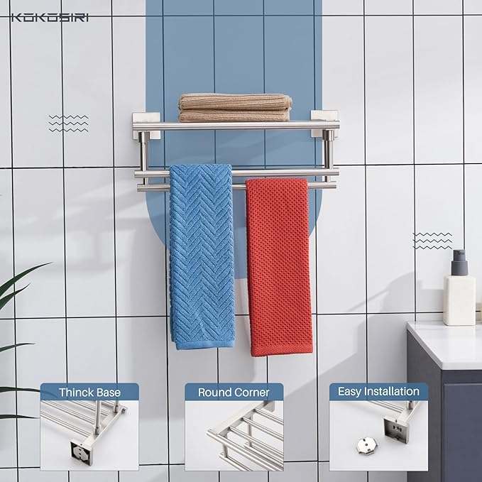 KOKOSIRI Towel Shelf with Double Towel Bars 16 Inches Bathroom Towel Rack Towel Holder Wall Mounted Stainless Steel, Brushed Nickel, B6005BR-L16