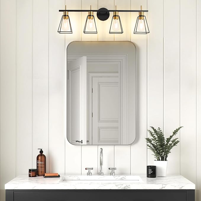 Industrial Bathroom Vanity Lights: 4 Light Black and Gold Vintage Metal Cage Wall Sconce - Rustic Farmhouse Wall Light Fixture Over Mirror Cabinet for Bedroom Living Room