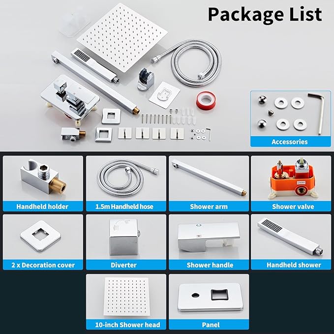 10 Inch Polished Chrome Shower Faucet Set with Rain Shower Head and Handheld Spray, Wall Mounted Rainfall Shower Head with Handheld Combo, Bathroom luxury Shower System with Valve and Trim