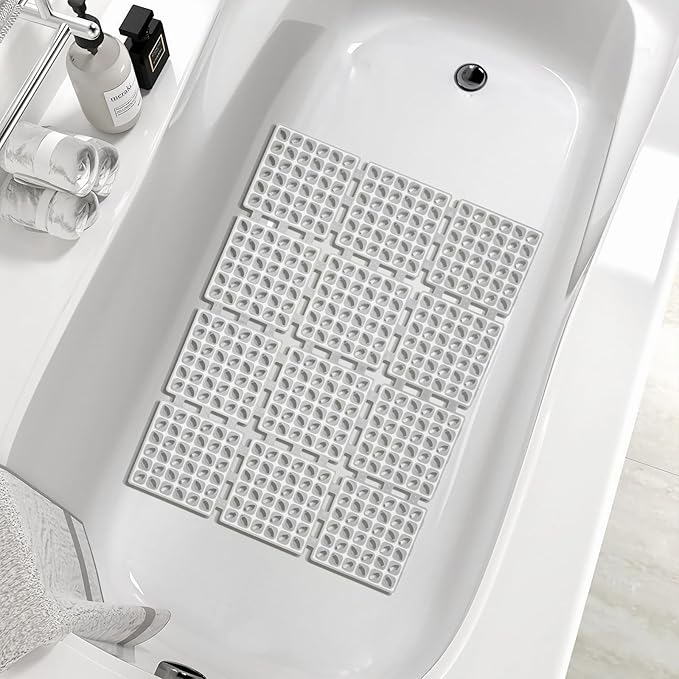 Shower Mat Non Slip,24"X24" Bathtub Mat Non Slip Square Shower Mats for Inside Shower with Drain Holes Suction Cups, Quick Drain, TPE Shower Floor Mat for Elderly & Kids (Light Gray)