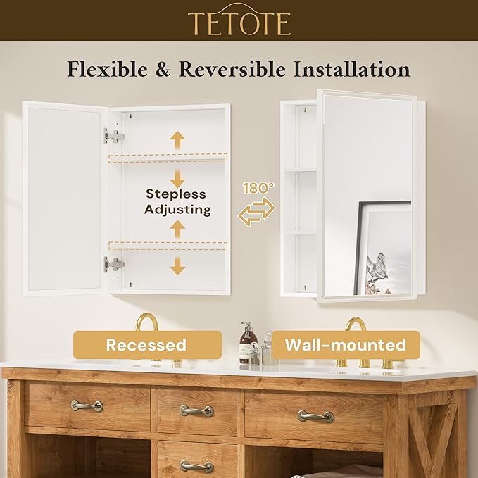 TETOTE White Medicine Cabinet 16" x 24" Bathroom Mirror with Storage Stepless Adjustable Shelves Beveled Aluminum Framed Modern Farmhouse Medicine Cabinets Recessed or Wall-Mounted