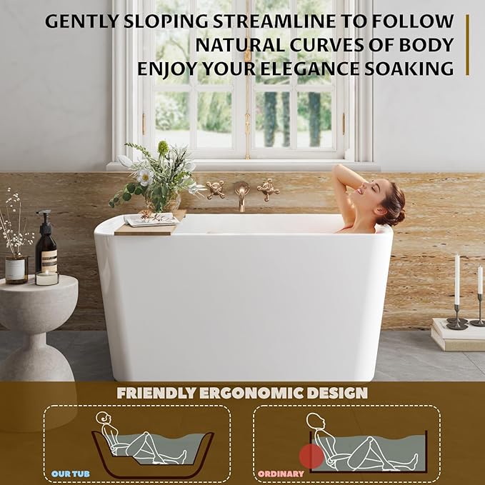 49 Inch Freestanding Bathtub, Acrylic Sit-In Soaking Tub with Chrome Drain & Overflow, Glossy White Modern Design, Compact Space-Saving Bath for Bathrooms
