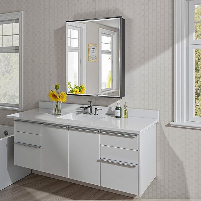 24x30 Pre-Assembled Black Medicine Cabinet with Mirror, Surface or Recessed Medicine Cabinet Mirror for Bathroom, Aluminum Beveled Frame Bathroom Vanity Mirror with Adjustable Shelves Storage