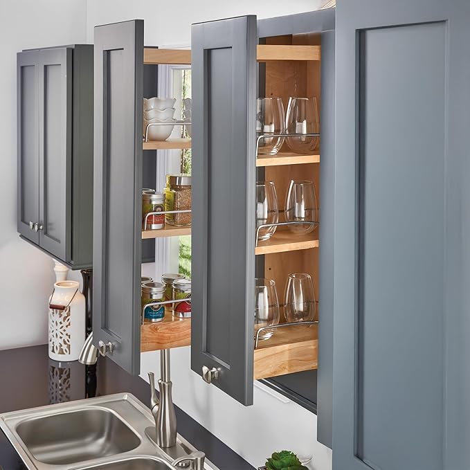 Rev-A-Shelf 8" Pull Out Shelf Organizer for Kitchen and Bathroom Cabinets, Wooden Slide Out Spice or Medicine Rack w/Soft-Close, 448-BBSCWC-8C
