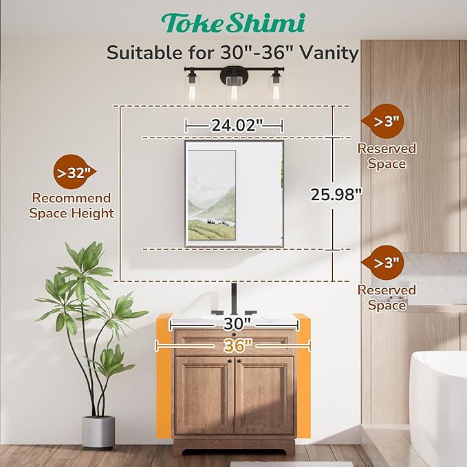 TokeShimi 24x26 Beveled Mirror Medicine Cabinet Recessed, Aluminum Framed Metal Brushed Nickel Medicine Cabinet with Mirrored, Bathroom Mirror with Adjustable Storage and Quiet Hinge