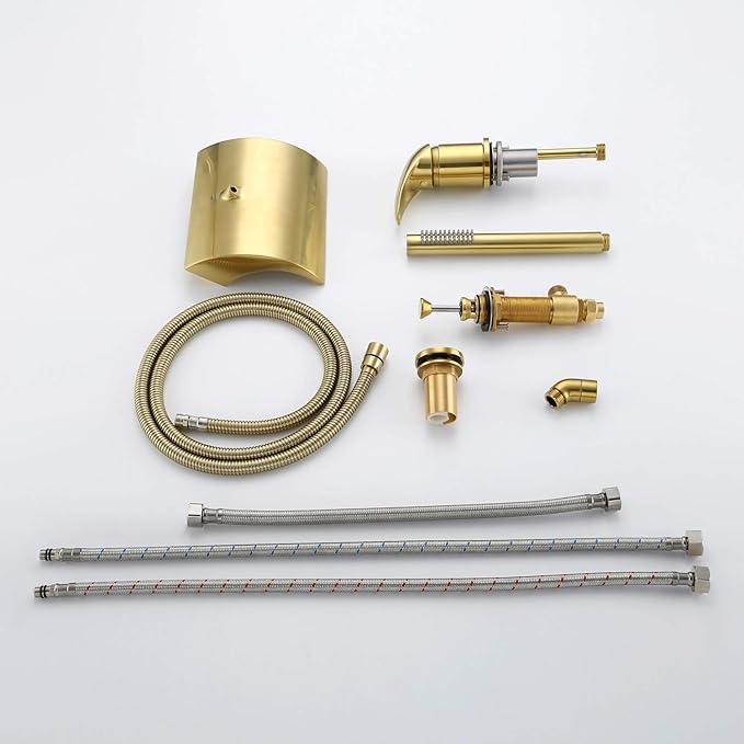 sumerain 3 Hole Roman Tub Faucet with Hand Shower, High Flow Single Handle Waterfall Bathtub Filler Brushed Gold Finish
