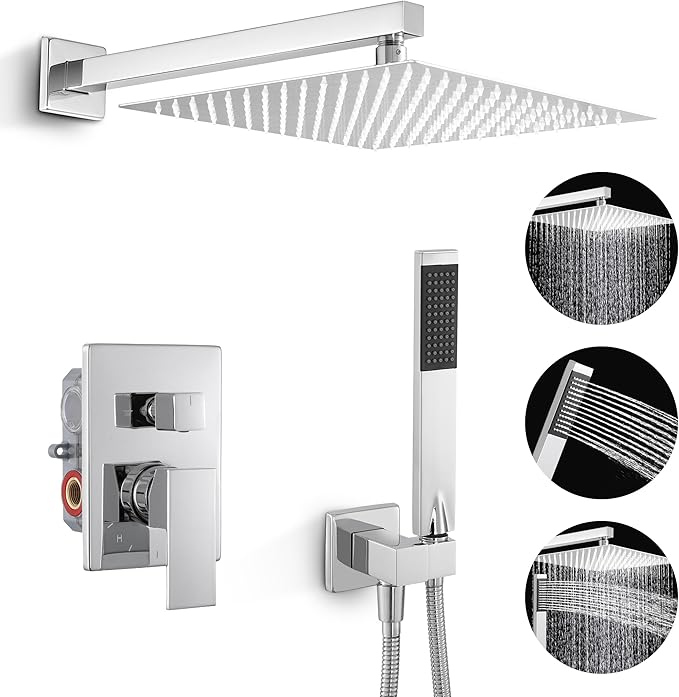 KES Chrome Shower Faucet Set, Shower System 12 Inch Rain Shower Head with Handheld Spray, cUPC Pressure Balance Valve and Trim Kit