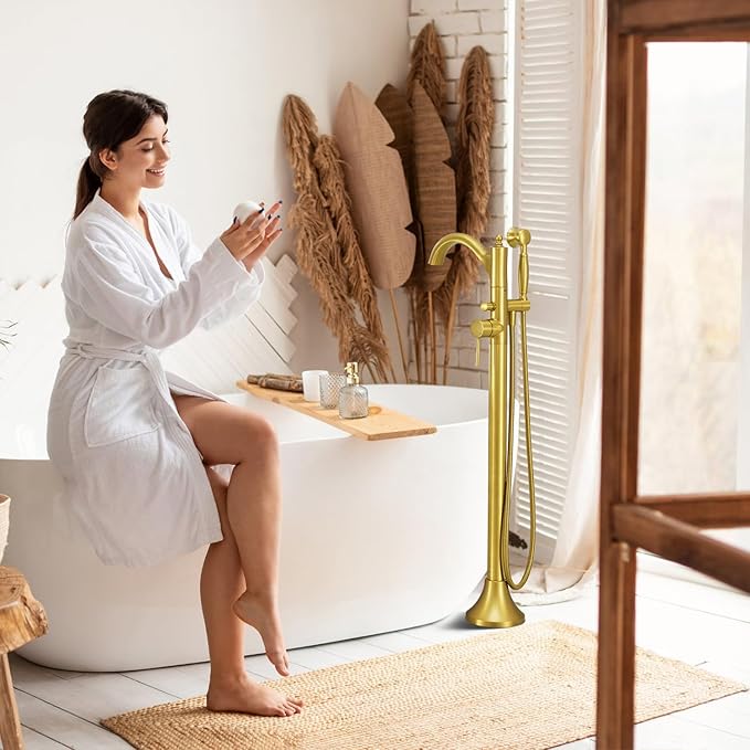 Free Standing Tub Faucet, High Flow Rate Brushed Light Gold Classic Freestanding Tub Faucets with Hand Shower Brass Floor Mount Tub Filler (WT-9002BGZZ)