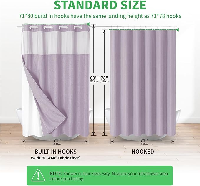 Long No Hooks Needed Linen Textured Shower Curtain with Snap-in Fabric Liner Set,Hotel Luxury Decor Shower Curtains for Bathroom,Waterproof & Washable,71Wx80H,Lavender