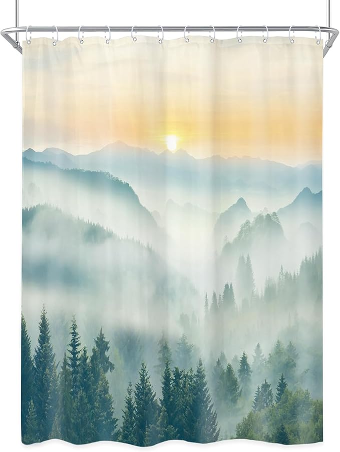 Riyidecor Small Stall Mountain Shower Curtain 48Wx72H Inch Rv Narrow Green Sunset Sunrise Scenery Landscape Woodland Greenery View Bathroom Decor Fabric Polyester Waterproof 8 Pack Hooks
