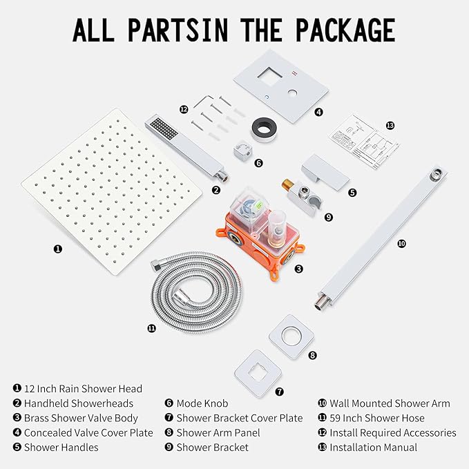 Bathroom Shower Faucet Set,12 Inch Rain Shower Head with Handheld Spray,Brass Shower Valve Trim Kit,Wall Mounted Square Rain Shower System (Chrome)