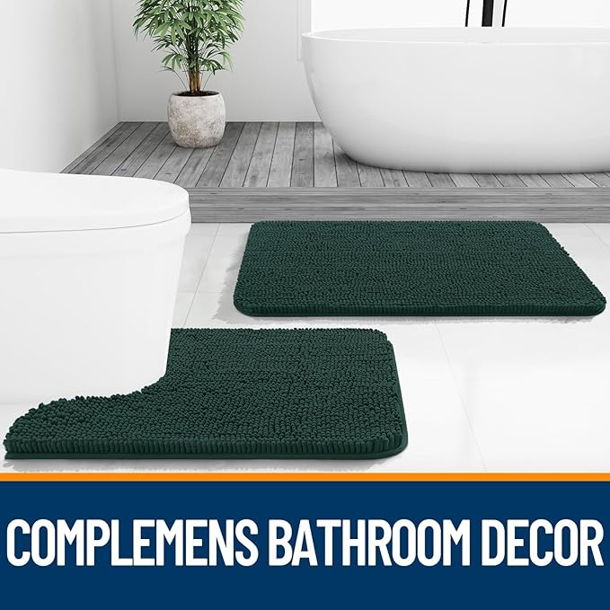 OLANLY Bathroom Rugs Sets 2 Piece, Soft Absorbent Chenille Bath Mats and U-Shaped Contour Toilet Mat Area Rug Set, Machine Washable Bath Carpet, Home Decor Accessories(30"x20"+24"x20", Blackish Green)