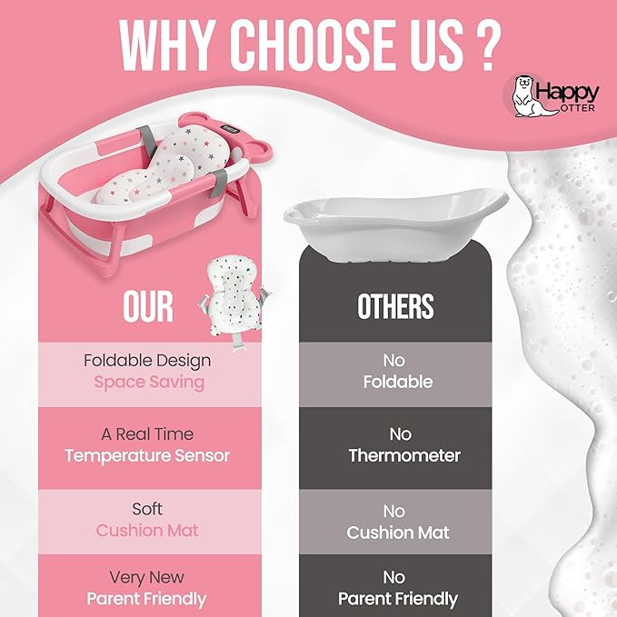 Portable Baby Bathtub with Heat Sensor for Toddlers & Newborns, Padded Baby Bath Tub with Water Release Feature for Travel & Home Baby Bath seat