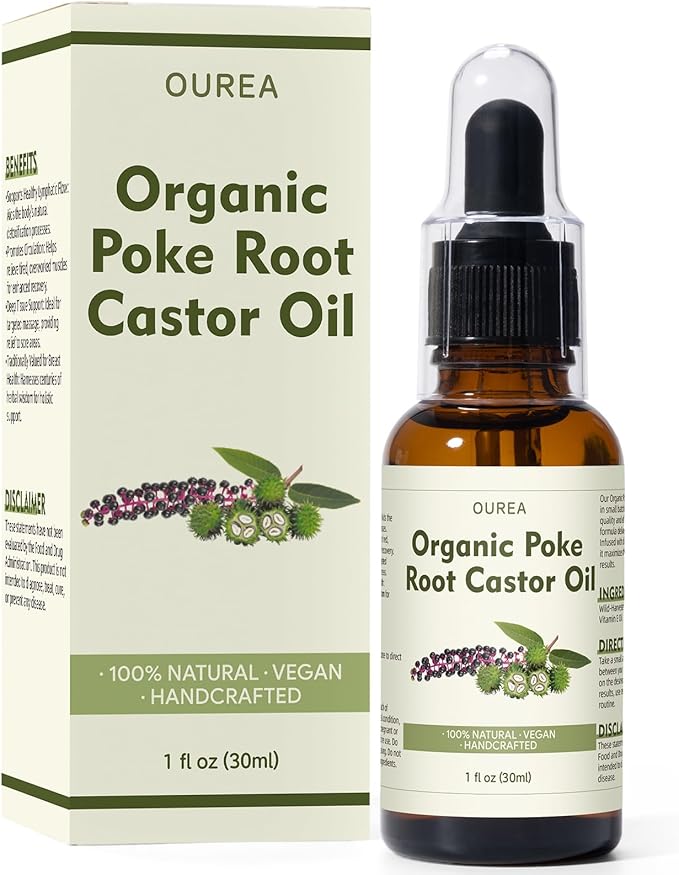 Organic Poke Root Castor Oil – 1 Fl Oz (30ml) Natural Lymphatic Support Massage Oil, Soothing Relief for Cysts, Boils, Breast, Fibroids, Swollen Lymph Nodes & Joint – Deep Tissue Drops
