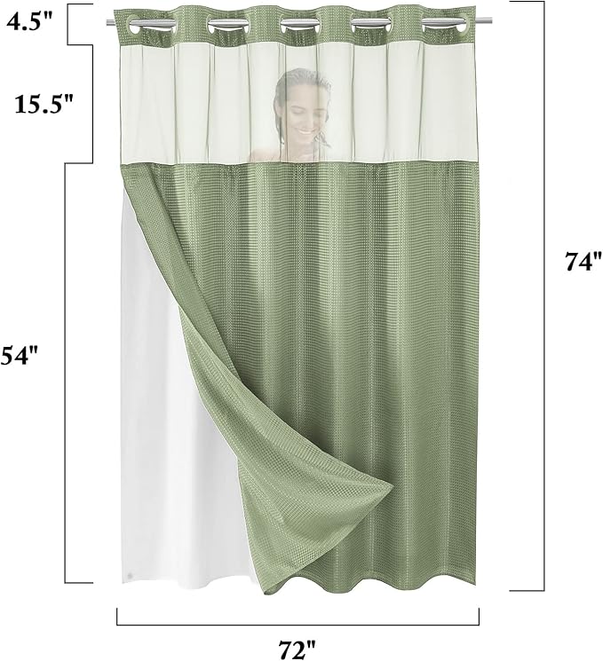 Gibelle No Hook Waffle Weave Shower Curtain with Snap-in Fabric Liner Set for Bathroom, Hotel Style with Mesh Top Window, Waterproof & Washable, Sage Green, 72x74