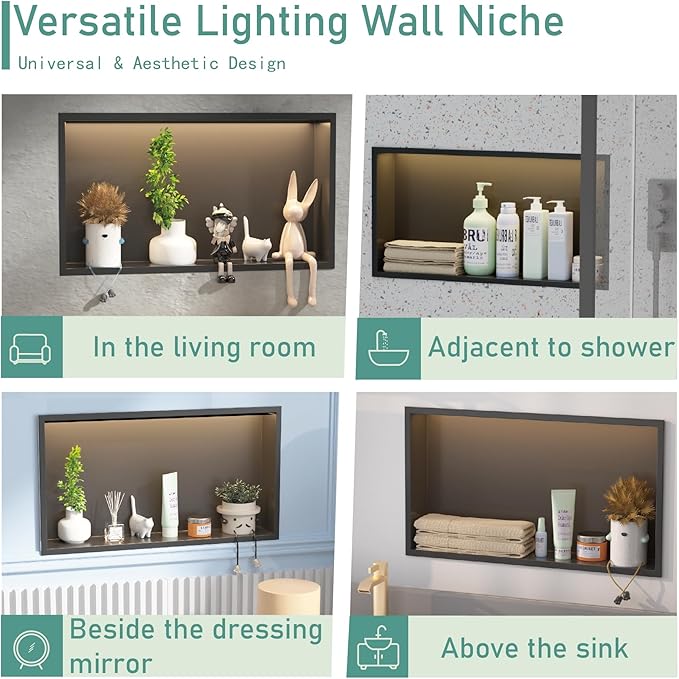 Shower Niche No Tile Needed with Waterproof LED Light Strip for Bathroom Storage, Bathroom for Shower Wall Lighted Niches,Stainless Steel Waterproof Shelf,Matte Black ( 24 x 12 in)