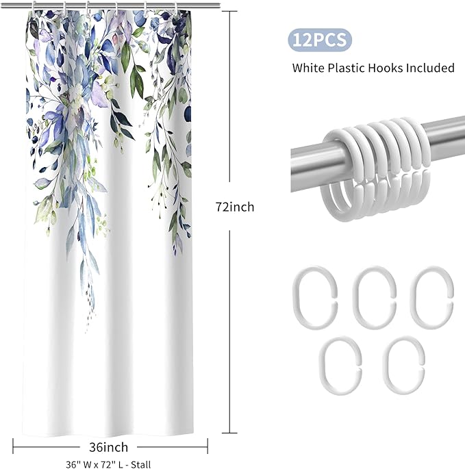 Colorful Star Green Eucalyptus Waterproof Shower Curtain Set with Hooks, Minimalist Watercolor Floral Print Bathroom Décor, Plant Leaves Washable Fabric Shower Curtain, 36 x 72 Inch