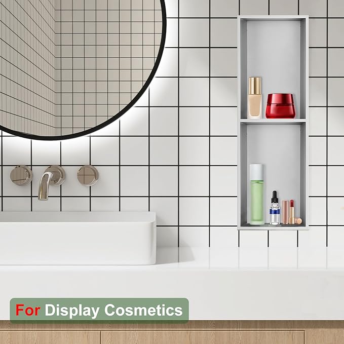 Shower Niche,8 * 24 Stainless Steel Elegant Bathroom Niche, No Tile Needed Recessed Shower Shelf Organizer for Storage,Silver