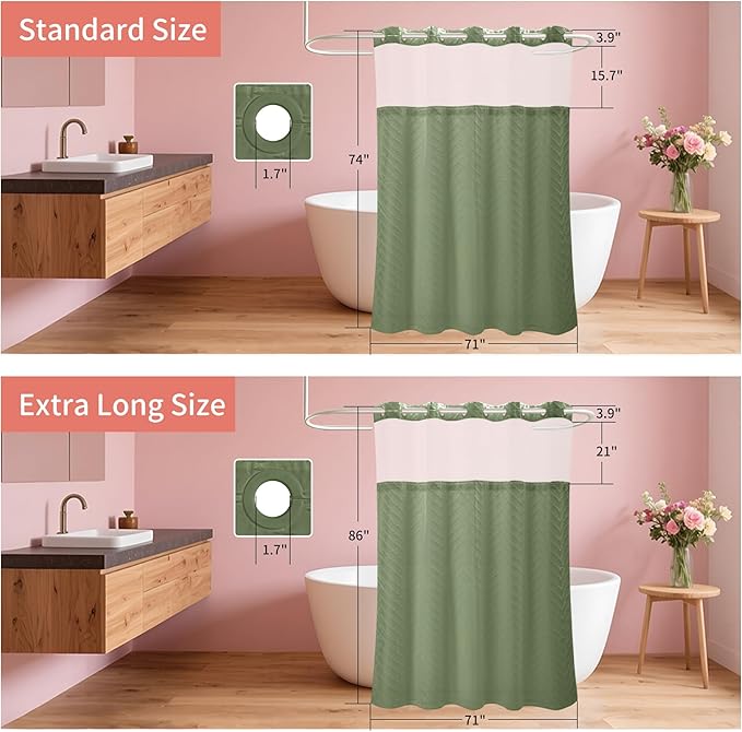 Hookless Shower Curtain with Snap in Liner 71" x 74" Double-Layer Waterproof Polyester Shower Curtain for Bathroom or Hotel Use,Removable Liner,Magnetic Hem,Large Rings,Machine Washable,Sage Green