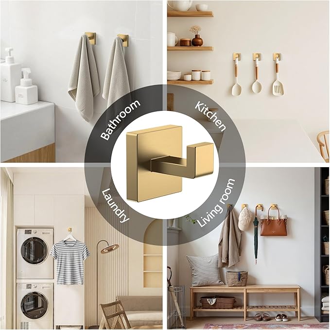 Kruodop 4 PCS Towel Hooks for Bathroom, Wall Mount Towel Holder, Black Matte Wall Robe Hook,Square Stainless Steel Door Hanger Towel Hook for Kitchen, Bedroom,Hotel,Pool,Coats(Gold)
