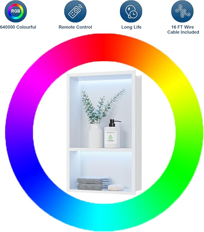 2-Tiers 12x18Inch Shower Niche with RGB LED Light Strips, White Recessed Wall Niche with Light, NO Tile Needed Cabinet Storage Organizer, Stainless Steel Bathroom Storage for Shower Wall