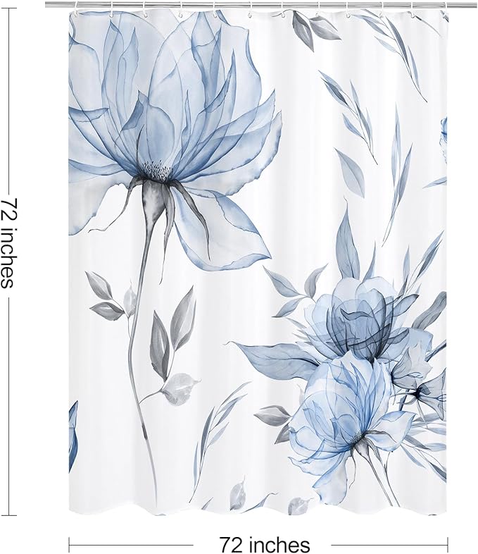 Blue and Grey Boho Watercolor Floral Shower Curtain, Ink Painting Style Blossom & Leaf Shower Curtains for Chic Elegant Bathroom, Artistic Fabric Cloth Flower Shower Curtain, 72x72