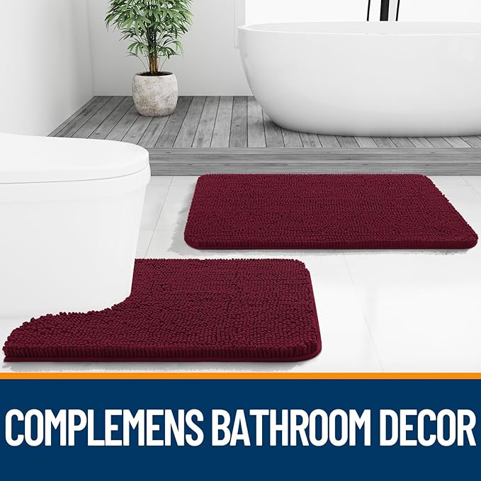 OLANLY Bathroom Rugs Sets 2 Piece, Soft Absorbent Chenille Bath Mats and U-Shaped Contour Toilet Mat Area Rug Set, Machine Washable Bath Carpet, Home Decor Accessories(24"x16"+24"x20", Burgundy)