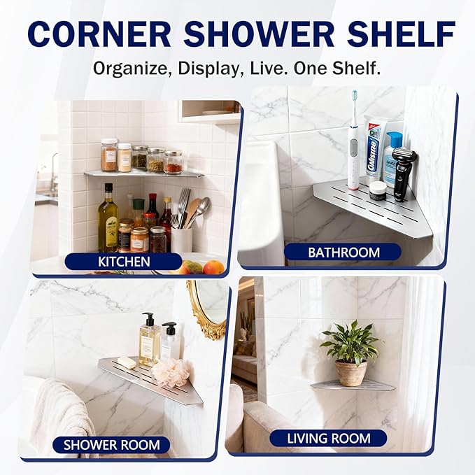 10" Corner Shower Shelf 2 Pcs Brushed 304 Stainless Steel Diamond Heavy Duty Floating Corner Shelves Slot Design Recessed Bathroom Shower Shelf for 90° Tiled Wall, No Drilling Needed