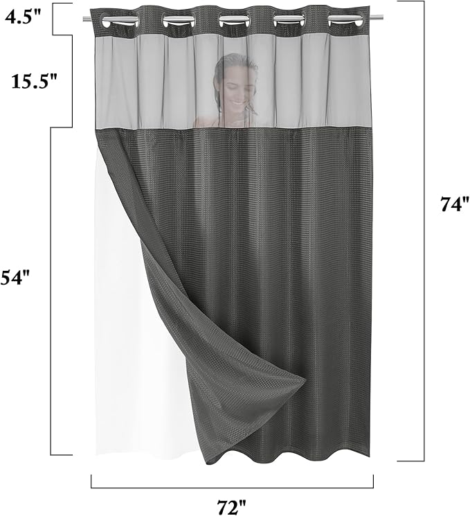 Gibelle No Hook Waffle Weave Shower Curtain with Snap-in Fabric Liner Set for Bathroom, Hotel Style with Mesh Top Window, Waterproof & Washable, Charcoal Grey, 72x74