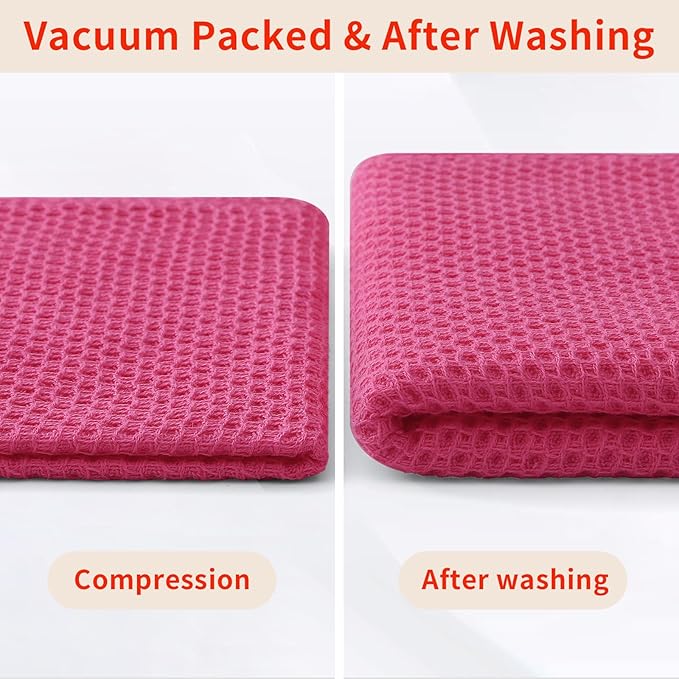 Homaxy 100% Cotton Waffle Weave Kitchen Dish Towels, Ultra Soft Absorbent Quick Drying Cleaning Towel, 13 x 28 Inches, 4-Pack, Hot Pink