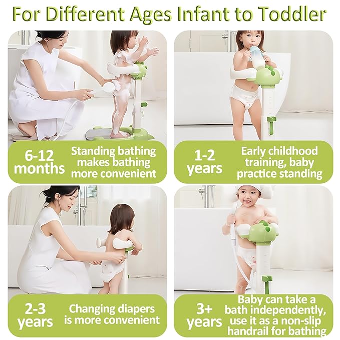 Baby Shower Stand, Baby Standing Bath with Anti-Pinch Adjustable Height and Armrest, Shower Standing Support with Anti-Slip Base and Mat for Infants 6-36 Months -Green