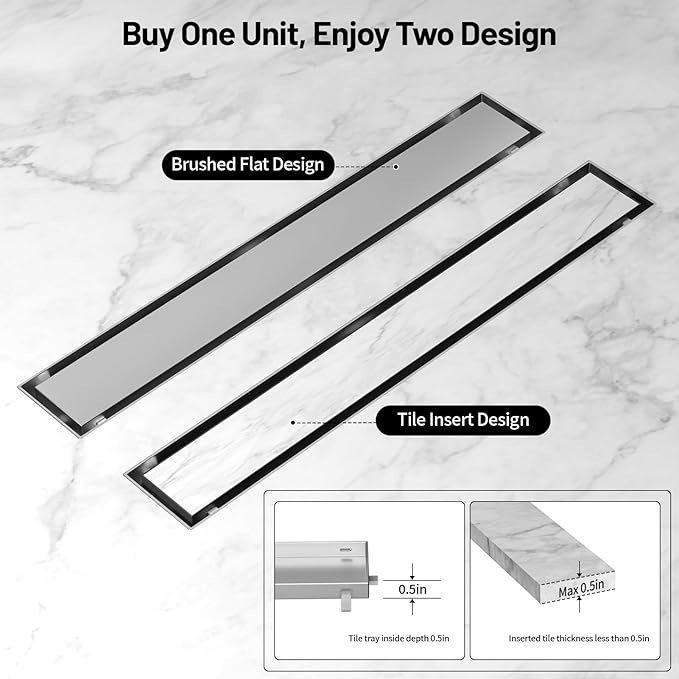 Linear Shower Drain, 304 Stainless Steel with Adjustable Leveling Feet, Hair Strainer,Reversely Install Place to Create an Invisible Floor Drain - Silver -32-Inch