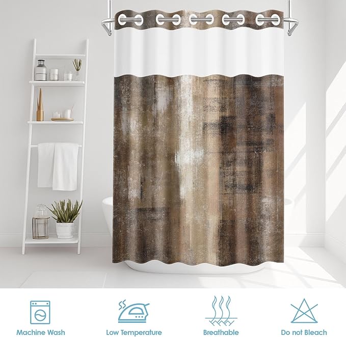 No Hook Brown Grey Painting Shower Curtain with Snap in Fabric Liner Set, Vintage Beige Double Layers Waterproof Fabric with See Through Top Window Open Grommet Bath Curtain 71x74 Inch