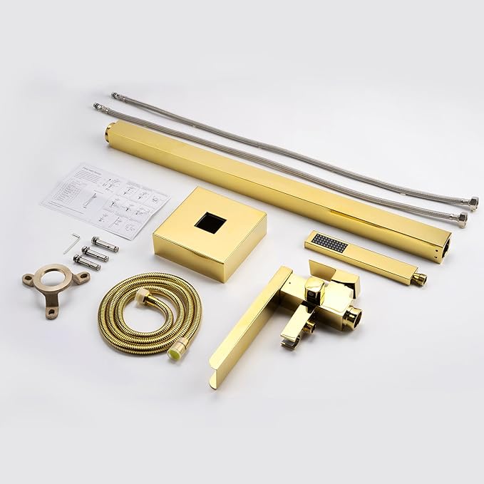 Freestanding Bathtub Faucet, Floor Mount Bathtub Faucet with 2 Water Outlet Modes, Swivel Gooseneck Spout with Hand Shower,Single Handle, Max Flow Rate 7.4 GPM (Waterfall-Gold)