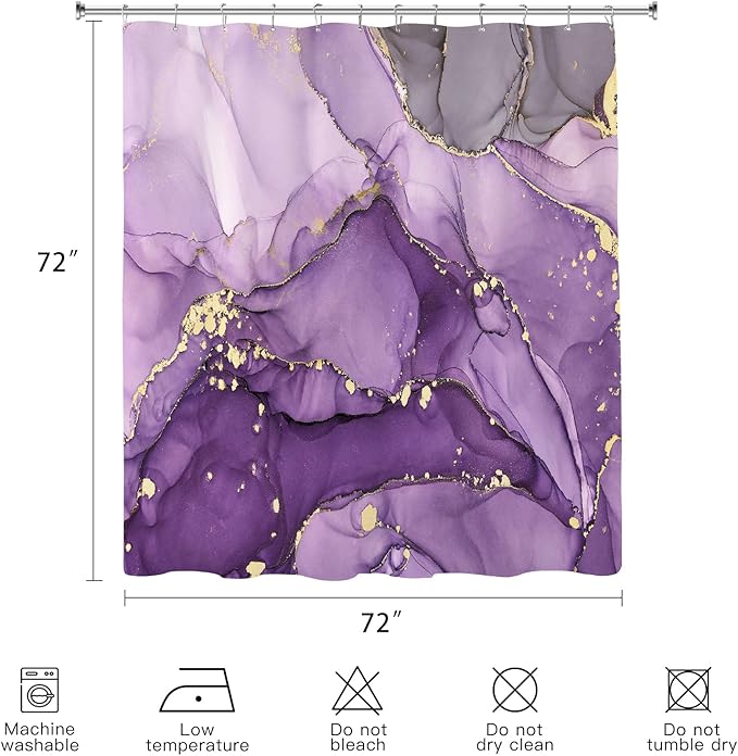 Purple Marble Shower Curtain, Modern Abstract Fabric Shower Curtains for Bathroom, Luxury Art Ink Texture Watercolor Shower Curtain Set with Hooks 72x72