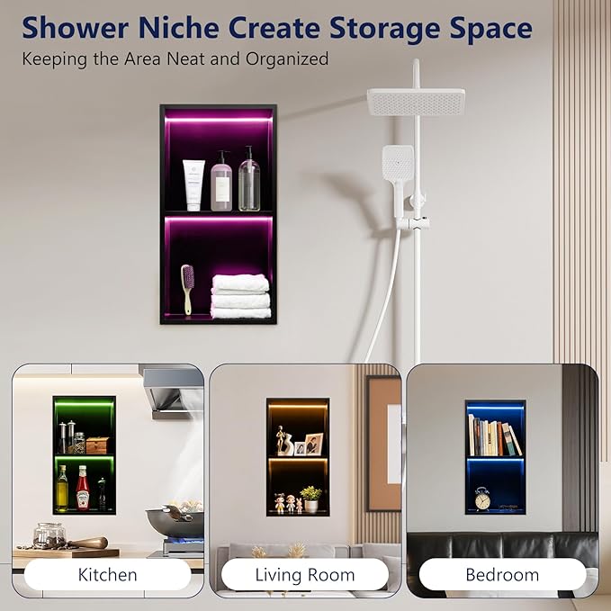 12" X 24" RGB LED Shower Niche No Tile Needed, 304 Stainless Steel Shower Niche Insert Tile Ready, Recessed Wall Shelf for Bathroom Storage Organizer with Remote Control, Matte Black